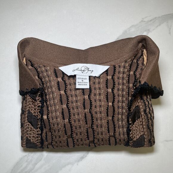 Ming Wang Sweater Cardigan Brown Black Open Front Metallic Thread Sz S Career - Picture 12 of 12